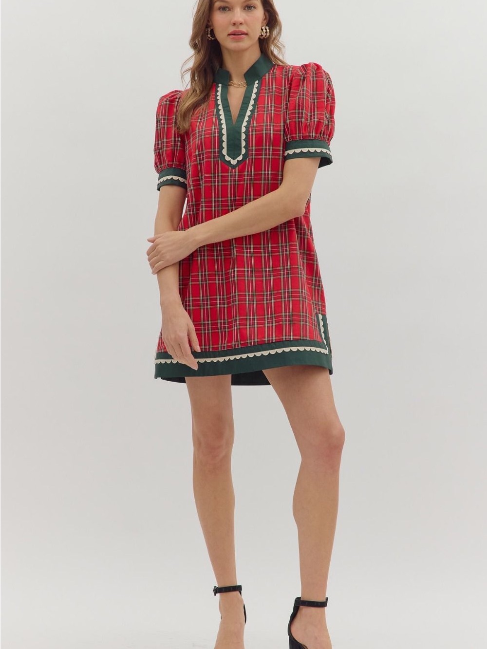 entro Red Plaid Tunic with Dark Green Trim and Cream Scallops - Picture 6 of 6